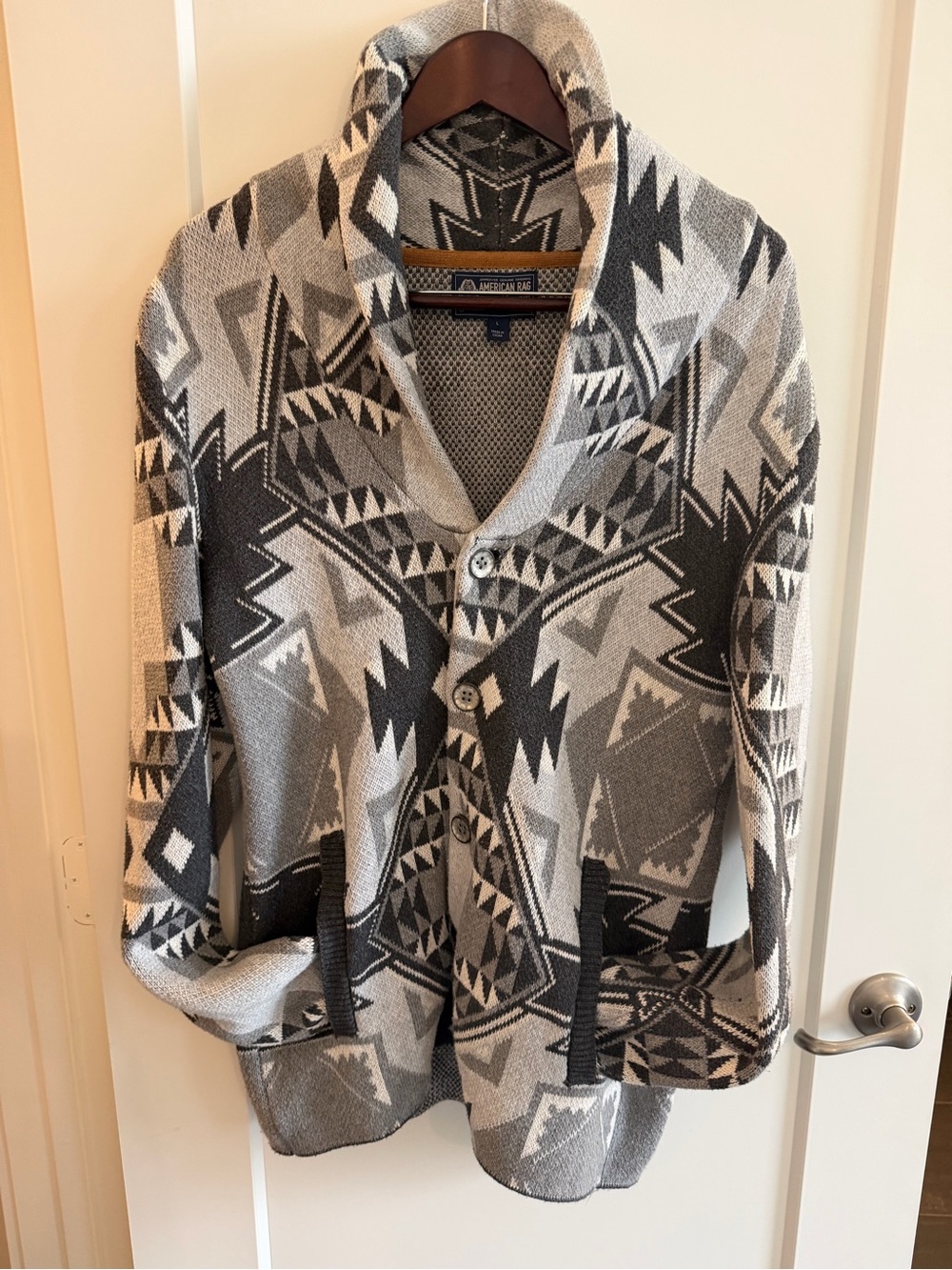 American Rag Gray and Black Aztec Shawl Collar Cardigan